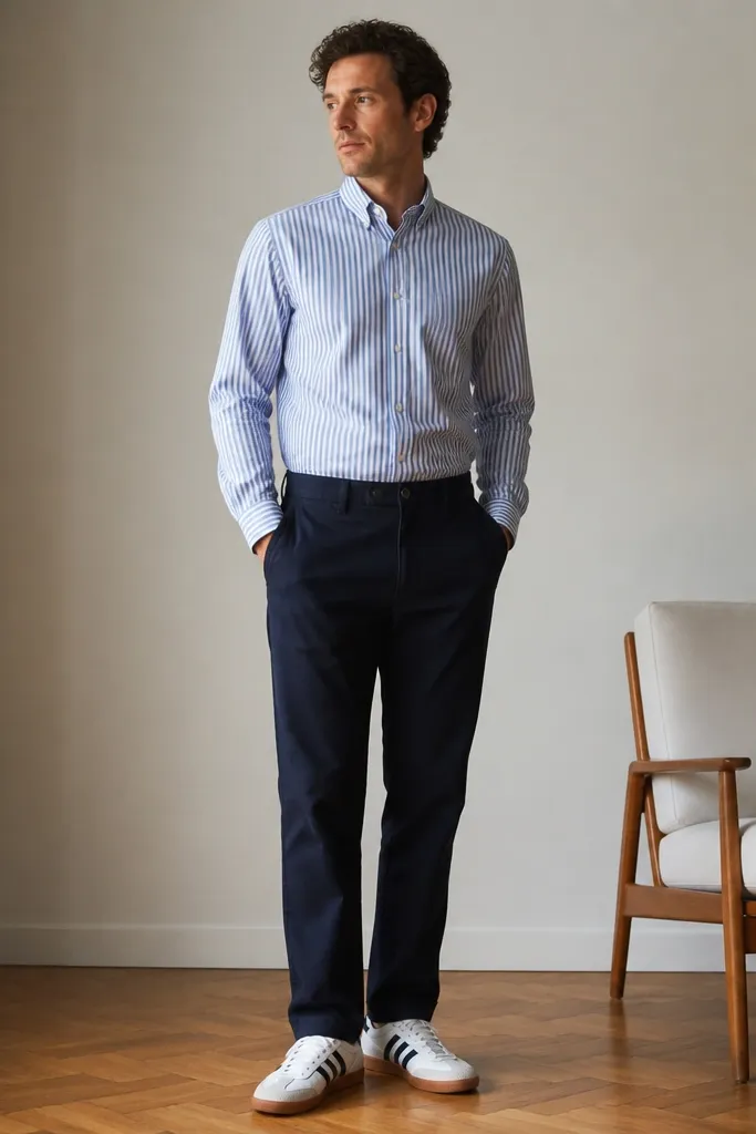 A man wearing a blue-and-white striped oxford shirt with sleeves down, navy chinos, and gum-sole adidas Superstar sneakers. The shirt is tucked and the stripes are crisp.