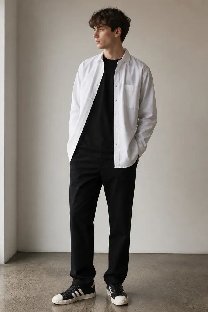 A man wearing a white overshirt over a black tee, black trousers, and black adidas Superstar sneakers. The overshirt is unbuttoned and the hem covers the belt line.