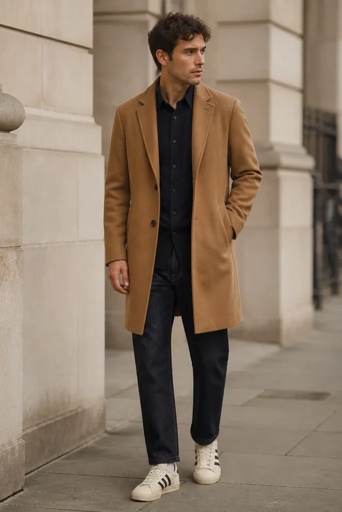 A man wearing a camel overcoat over a dark shirt, dark indigo jeans, and cream adidas Superstar sneakers. The coat falls to just above the knee and the jeans have a clean hem.
