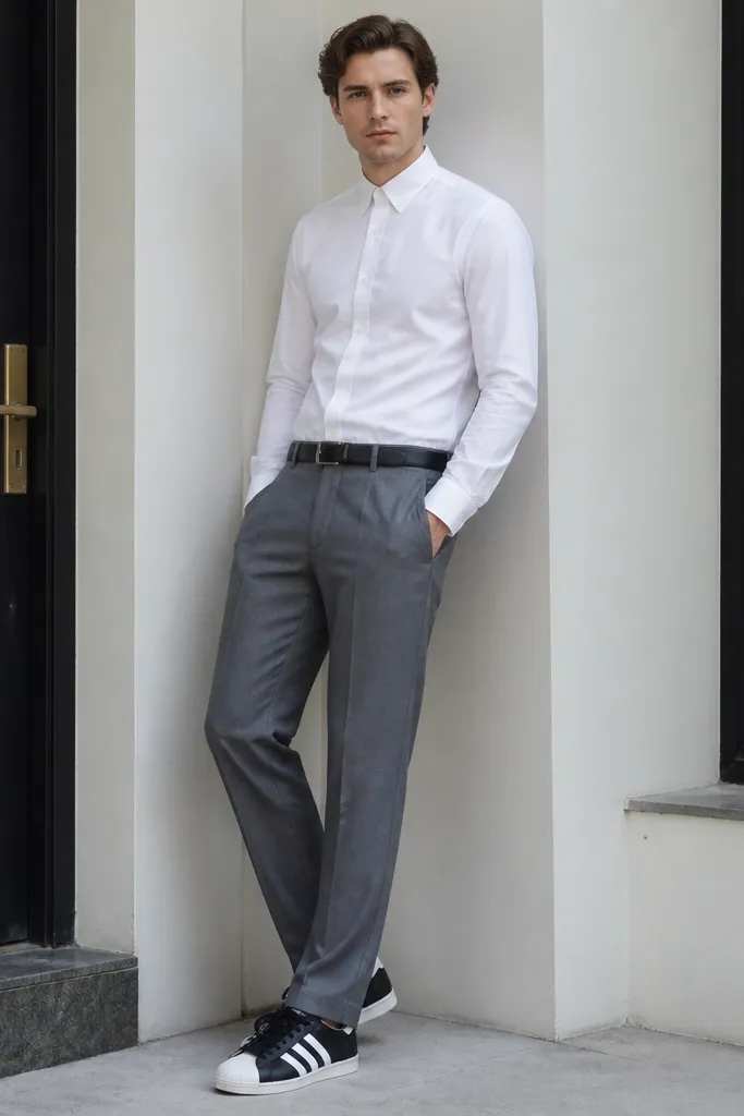 A man in a crisp white button-down tucked into grey trousers, wearing a black leather belt and black adidas Superstar sneakers. The shirt is fully buttoned and the trousers have a clean break.