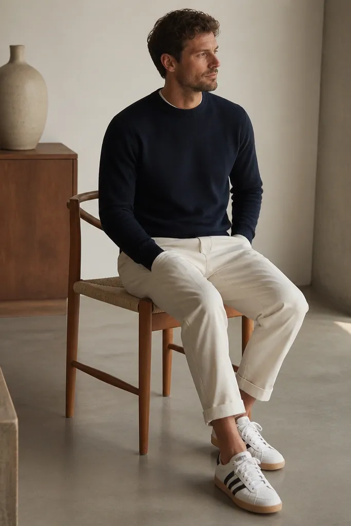 A man wearing a navy crewneck sweater, off-white cropped chinos, and gum-sole adidas Superstar sneakers. The chinos end around mid-ankle with a clean cuff.