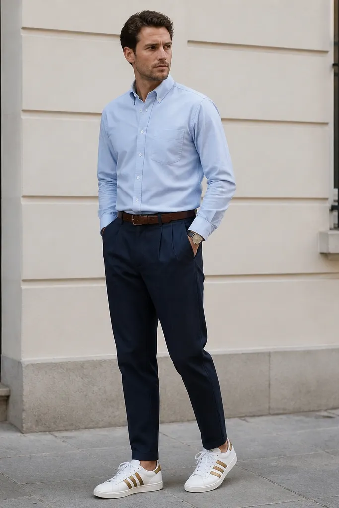 A man wearing classic white adidas Superstar sneakers with gold accents. He has navy pleated chinos with a slight taper and a light blue Oxford button-down worn neatly tucked in. A thin brown belt and a simple wristwatch complete the look; the background is a clean street setting.