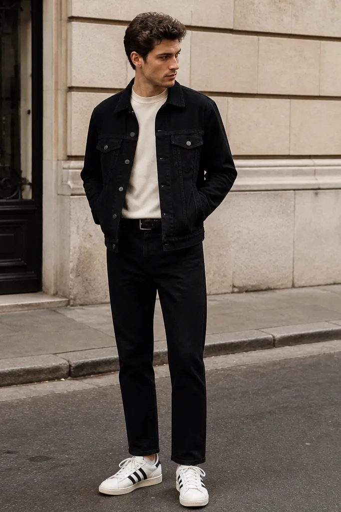 A full-body street photo of a man in a black denim jacket over a cream crewneck tee. He wears straight black jeans with a clean hem and white adidas Superstar sneakers. The jacket buttons are closed and the outfit is styled with a black leather belt and minimal accessories.