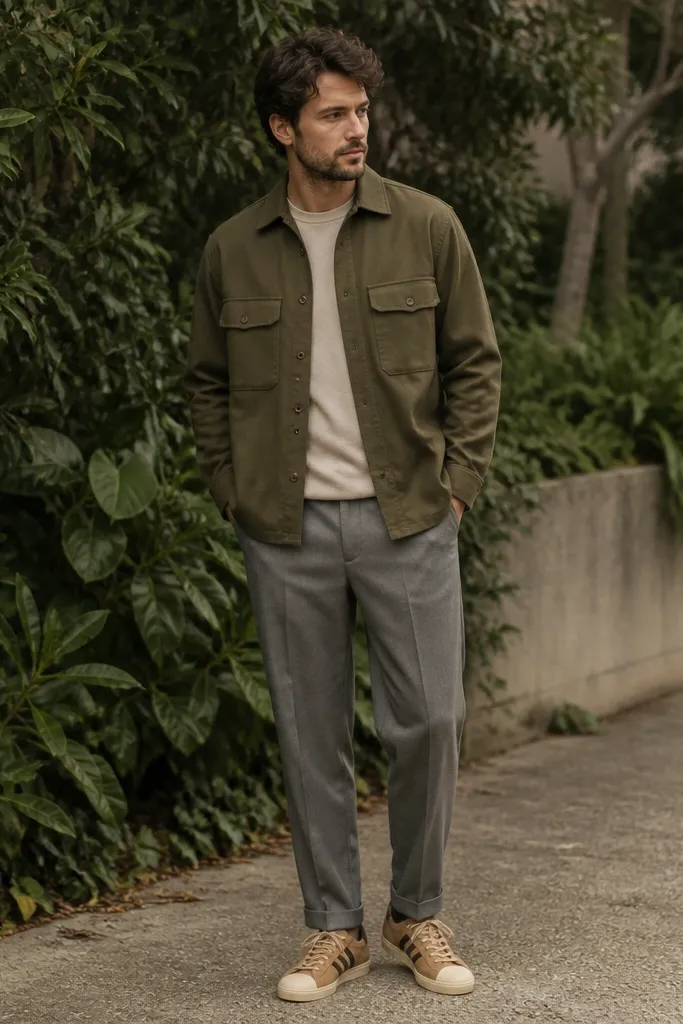 A man wearing olive green overshirt with flap pockets over a neutral shirt. He has grey tapered trousers with a slight break and tan suede adidas Superstar sneakers. The look is photographed outdoors near greenery.