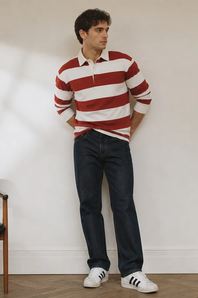 A man standing in a casual pose wearing a red-and-white striped rugby shirt with a collar and buttons. He has dark wash jeans with a straight fit and white adidas Superstar sneakers. The shirt is untucked slightly but sits neatly at the waistband.