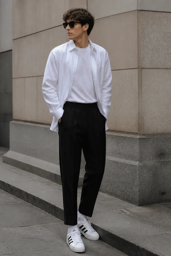A fashion-forward street photo of a man in tailored black track pants with a structured waistband. He wears an oversized white button-up shirt worn open over a tee. White adidas Superstar sneakers are visible with clean sock coverage.