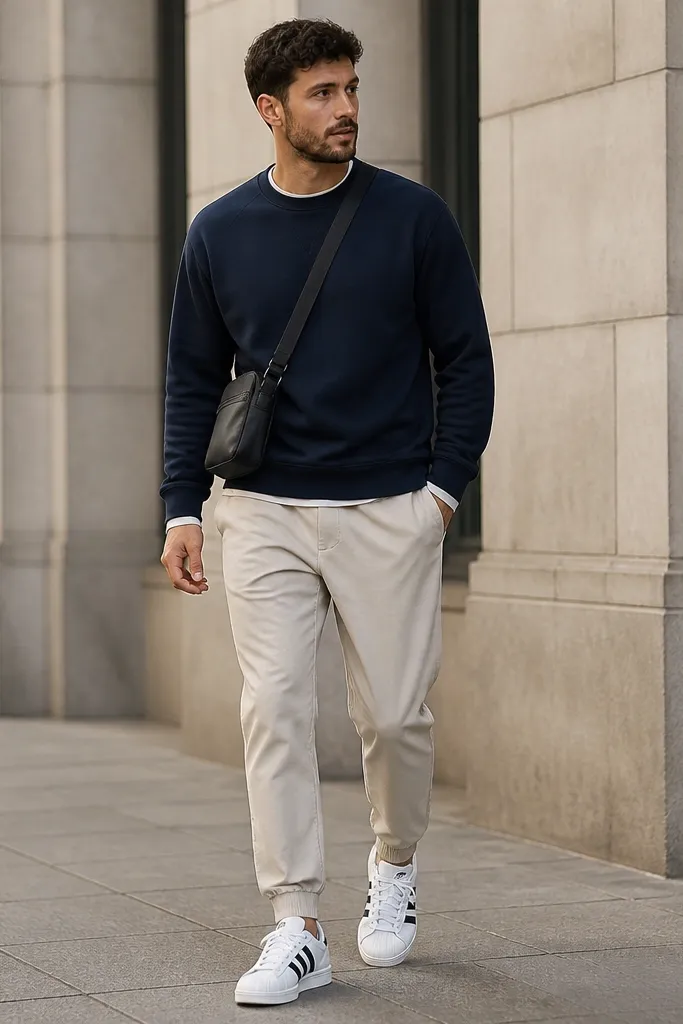 A casual street shot of a man wearing a navy crewneck sweatshirt and light stone joggers with a tapered ankle. He wears white adidas Superstar sneakers and a simple crossbody bag. The sweatshirt cuffs are slightly visible at the wrists.
