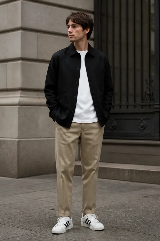 A man wearing a black overshirt over a white crew tee. He has straight khaki trousers with a clean hem and white adidas Superstar sneakers. The outfit is shot in an urban setting with neutral tones.
