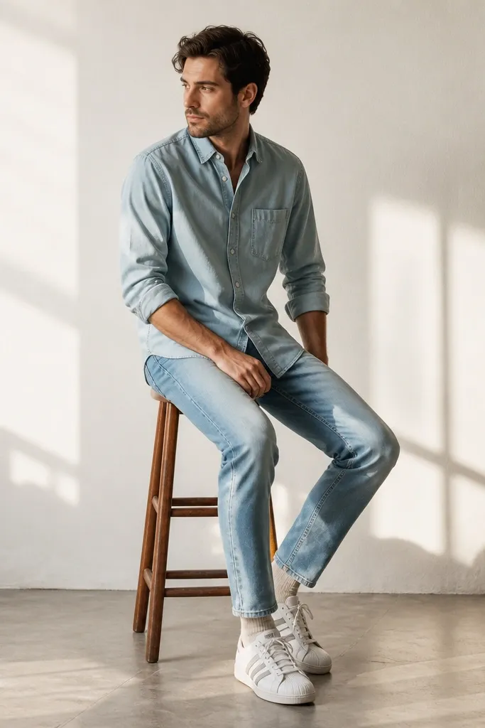 A man wearing a chambray button-up shirt over matching light blue denim jeans. He has white adidas Superstar sneakers and off-white socks. The outfit shows a subtle double-denim look with different shades.