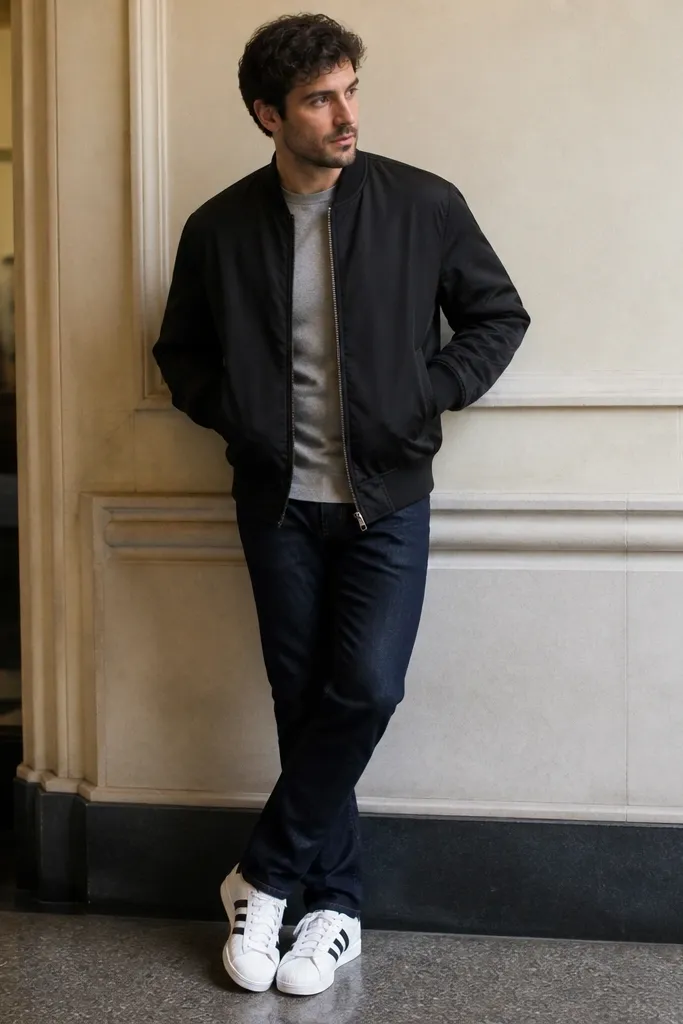 A man wearing a black bomber jacket with ribbed cuffs over a heather grey crew tee. He has dark indigo jeans and white adidas Superstar sneakers. The bomber is zipped halfway and the lighting is indoor street-style.
