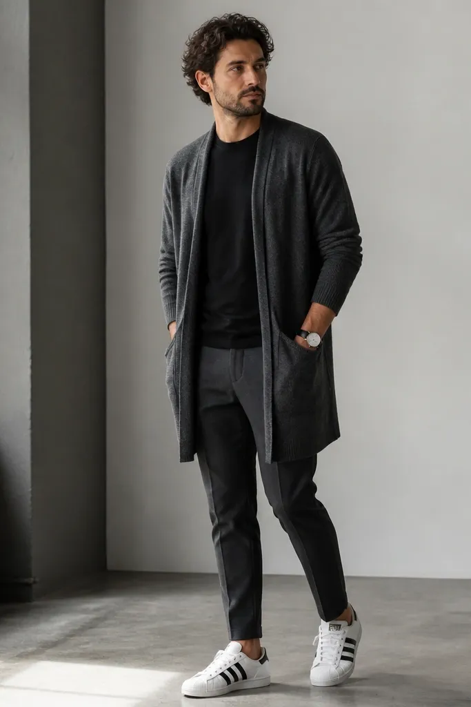 A man wearing a longline cardigan in dark grey over a black crew tee. He has charcoal tapered pants and white adidas Superstar sneakers. The cardigan hangs past the waist and the outfit is styled with a minimal watch.