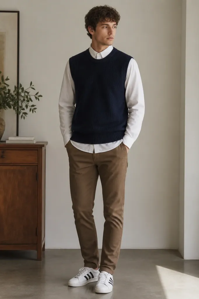 A layered outfit: a man wearing a white button-down shirt under a navy sweater vest. He has brown chinos and white adidas Superstar sneakers. The top buttons are done and the collar sits neatly.