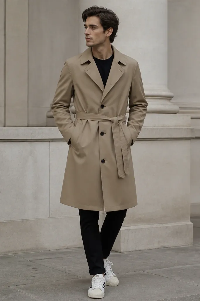 A man wearing a khaki trench-style coat with a belt tied at the waist over a black top. He has black tapered jeans and white adidas Superstar sneakers. The coat has visible lapels and a clean button line.