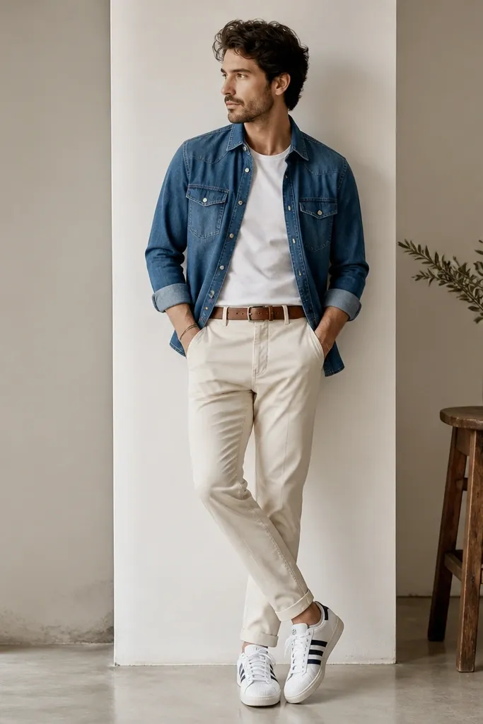 A man wearing a medium blue denim shirt jacket over a white tee. He has off-white chinos and white adidas Superstar sneakers. The outfit is styled with a light brown belt and minimal accessories.