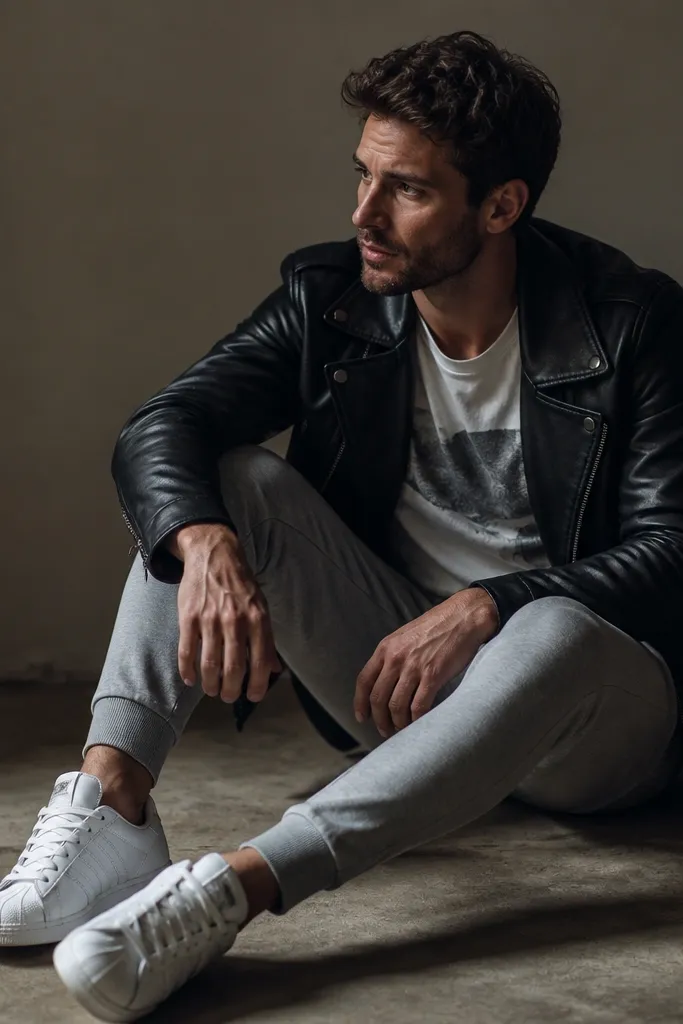 A man wearing a black leather jacket over a simple graphic tee. He has grey joggers with a tapered ankle and white adidas Superstar sneakers. The lighting is moody and the leather has visible texture.