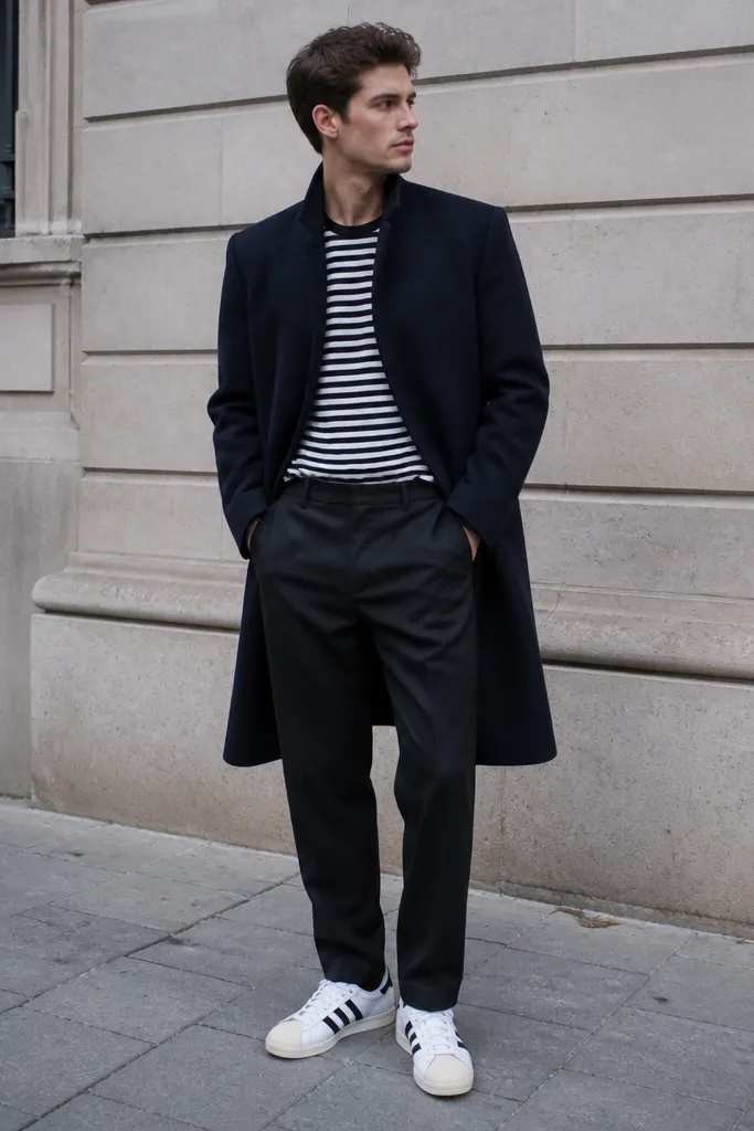 A man wearing a navy overcoat with a structured shoulder over a black-and-white striped long sleeve shirt. He has dark trousers with a clean break and white adidas Superstar sneakers. The outfit is shown in cooler daylight.