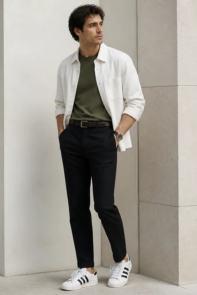 A man wearing a white overshirt over an olive t-shirt. He has black slim trousers with a short break and white adidas Superstar sneakers. The outfit is styled with a dark belt and a simple watch.