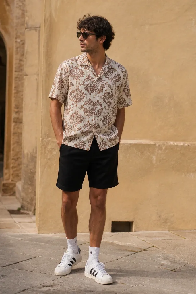 A man wearing a patterned short-sleeve button-up shirt over black shorts. He has white adidas Superstar sneakers and crew socks that sit above the ankle. The outfit is photographed outdoors in warm weather.