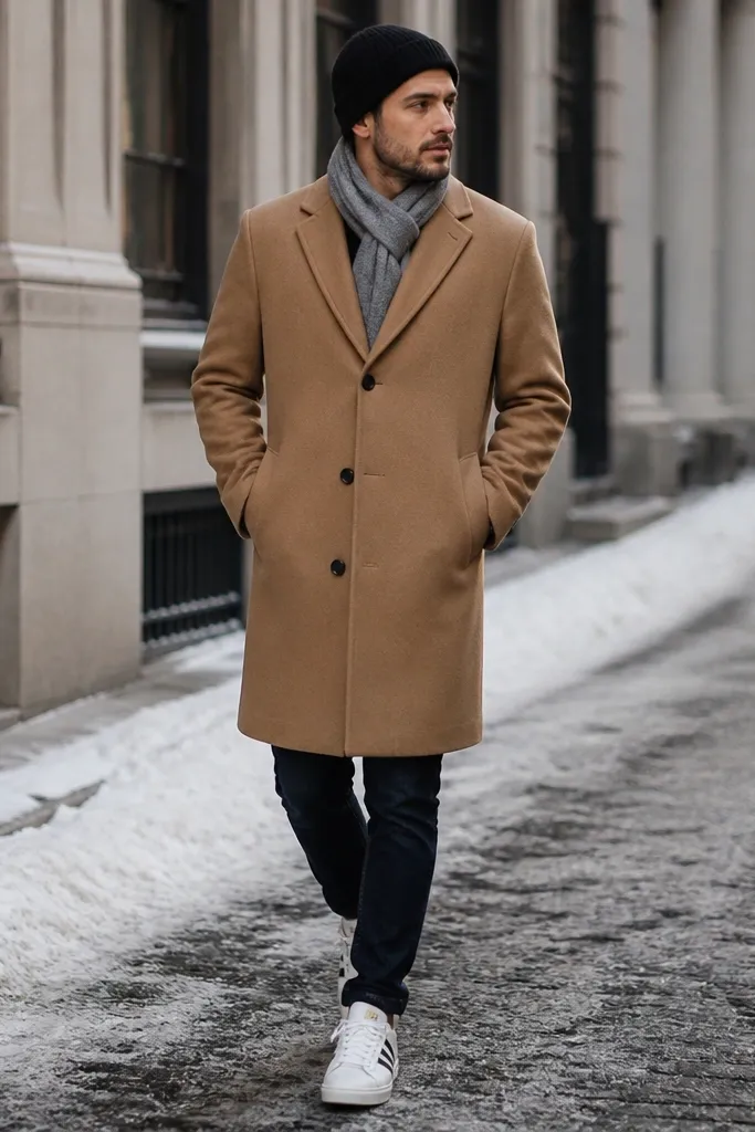 A man dressed for cold weather with a camel overcoat, dark jeans, and white adidas Superstar sneakers. He wears a black wool cap and a grey scarf tucked neatly. The scene shows a winter street with natural light.