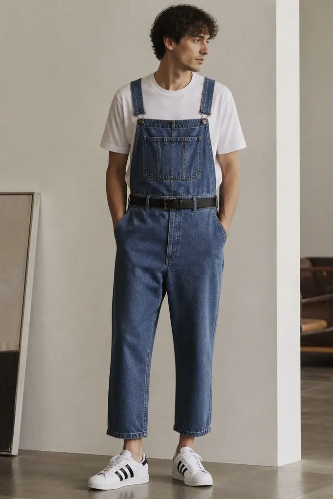 A fashion-forward shot of a man in denim overalls worn over a white t-shirt. The overalls are cinched with a belt at the waist and the legs are cropped above the shoe. White adidas Superstar sneakers are clearly visible.
