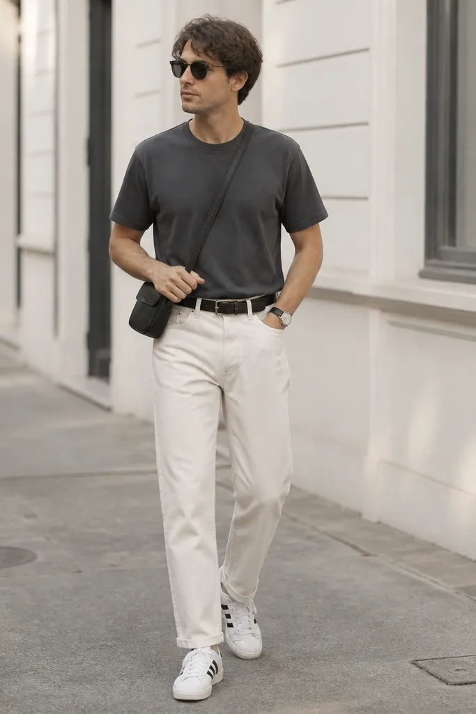 A man wearing a charcoal crewneck T-shirt, off-white straight-leg jeans, a black leather belt, and white adidas Superstar sneakers with three side stripes. He has a small black crossbody bag and a simple wristwatch. Background is a street sidewalk in daylight.
