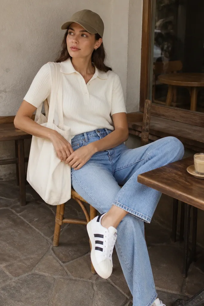 A woman wearing a cream knit polo shirt with short sleeves, light blue high-rise straight jeans, a tan low-profile baseball cap, and white adidas Superstar sneakers. She carries a cream tote with a minimal logo. Outdoor café setting.