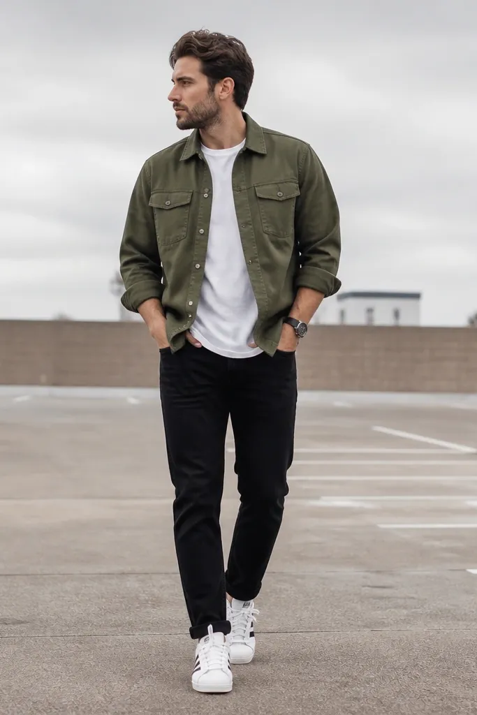 A man wearing an olive utility overshirt over a plain white T-shirt, black slim-straight jeans, and white adidas Superstar sneakers. He has rolled sleeves and a simple dark watch. Background is a parking lot under overcast sky.