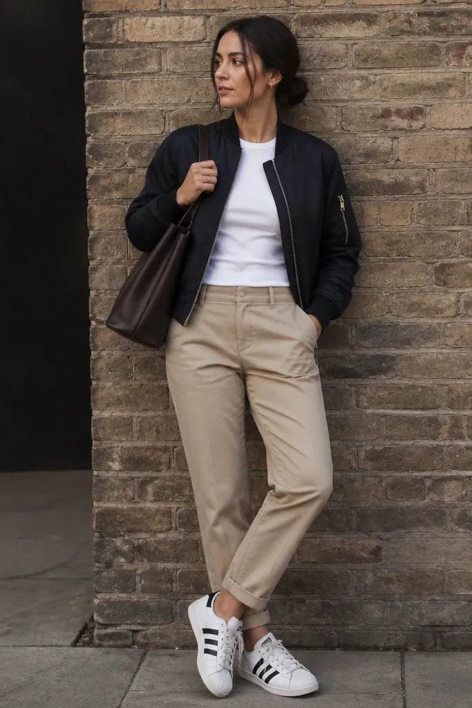 A woman wearing a navy bomber jacket with ribbed cuffs, a white fitted T-shirt, beige chinos, and white adidas Superstar sneakers. She has a simple silver ring and a structured shoulder bag. She's standing near a brick wall.