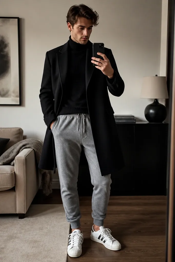 A man wearing a fitted black turtleneck sweater, heather gray sweatpants with a tapered ankle, and white adidas Superstar sneakers. He wears a long black coat open over the turtleneck. Indoor lighting, mirror selfie style.