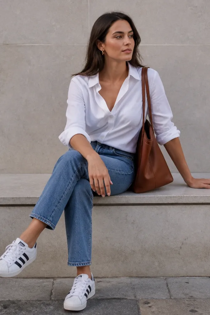 A woman wearing a crisp white button-down shirt with sleeves rolled to the forearm, mid-wash blue jeans, and white adidas Superstars. She has a brown leather shoulder bag and small gold hoop earrings.