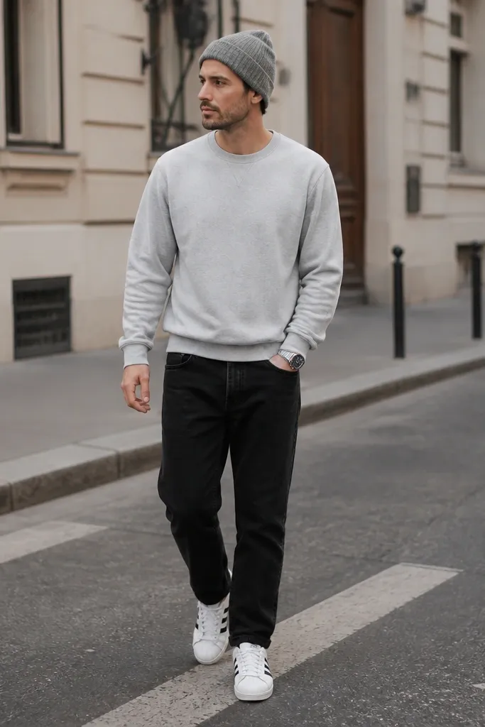 A man in a light gray crewneck sweatshirt, black straight jeans, and white adidas Superstar sneakers. He wears a silver watch and a gray beanie. Street scene in soft daylight.