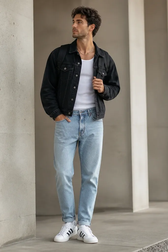 A man wearing a black denim jacket over a white ribbed tank top, light-wash jeans with a tapered fit, and white adidas Superstar sneakers. He has a black backpack and a simple chain necklace.