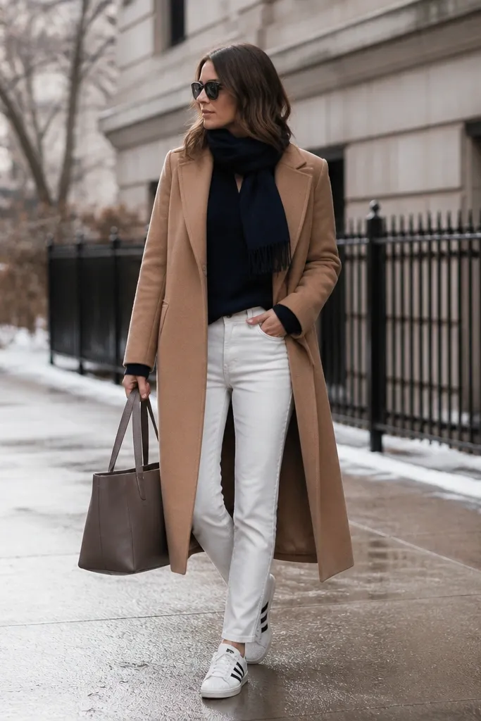 A woman wearing a camel overcoat over a navy crewneck sweater, white jeans, and white adidas Superstar sneakers. She has a dark scarf tucked in and a structured tote. Winter street scene.