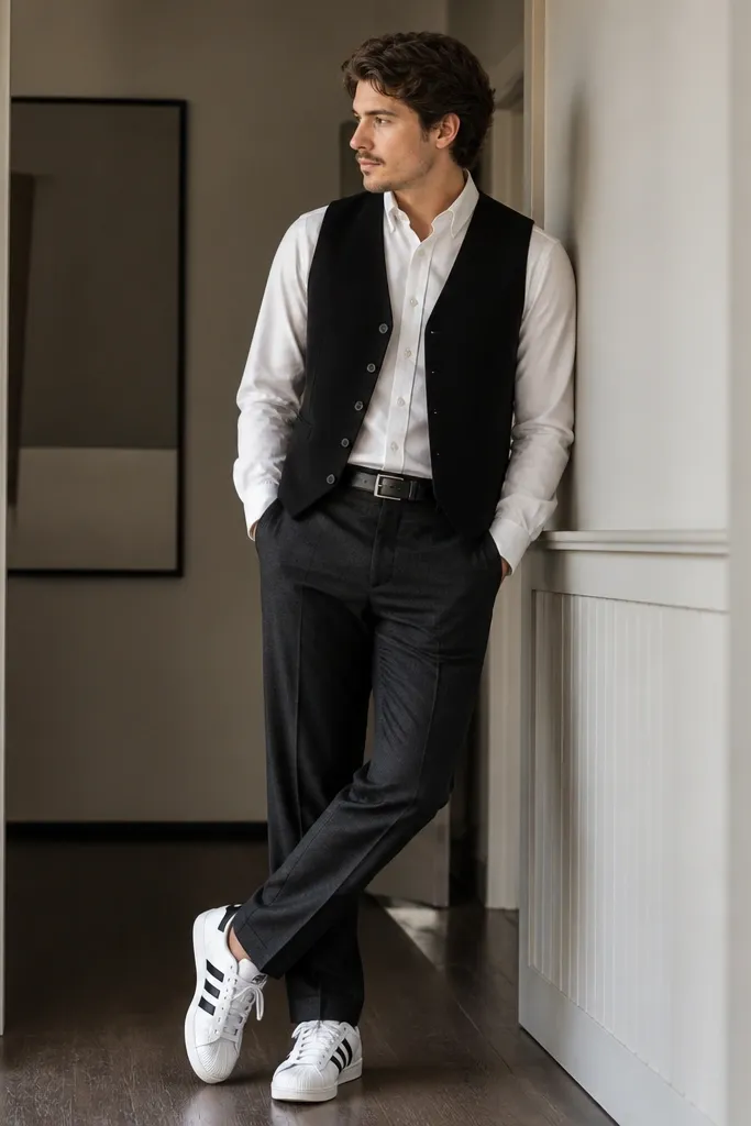 A man wearing charcoal wool trousers, a white oxford button-down, and a black sleeveless vest. He has a belt and white adidas Superstar sneakers. Indoor hallway lighting.
