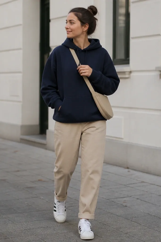 A woman wearing a navy pullover hoodie, light khaki chinos, and white adidas Superstar sneakers. She has a beige crossbody bag and a simple ring. She's walking outdoors.