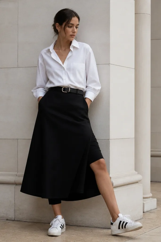A woman wearing a white poplin button-up shirt tucked into a long black skirt, with black bike shorts peeking at the hem. She wears white adidas Superstar sneakers and a black leather belt. Minimal accessories.
