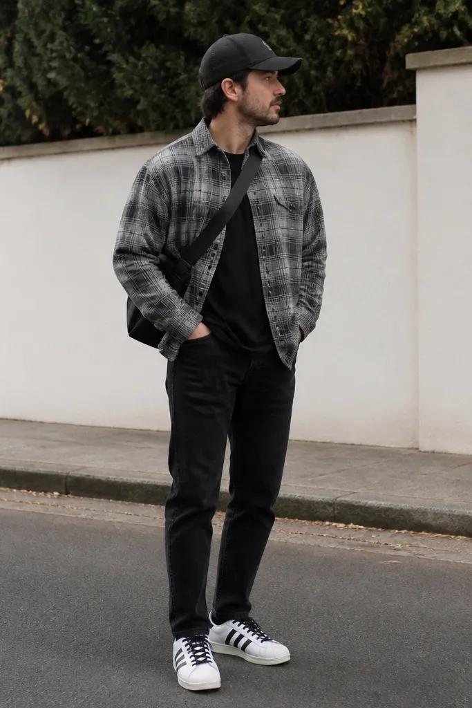 A man wearing a gray plaid overshirt over a plain black tee, black jeans, and white adidas Superstar sneakers with black laces. He wears a black cap and a crossbody bag. Outdoor curb background.