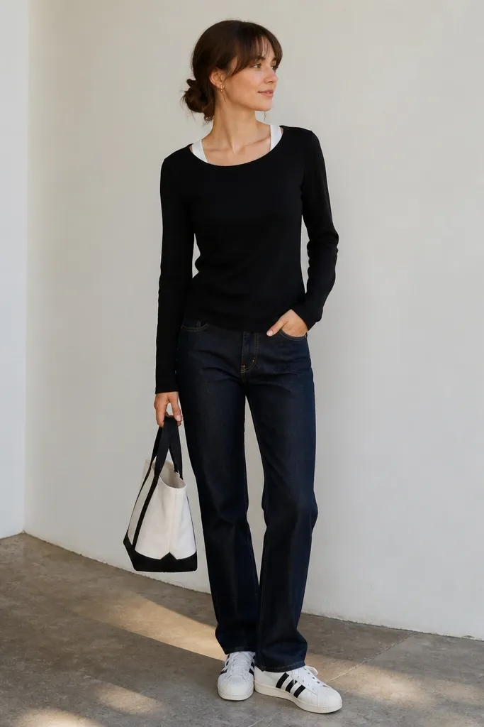 A woman wearing a black long-sleeve tee with a white tank peeking at the neckline, dark indigo straight jeans, and white adidas Superstar sneakers. She carries a small white-and-black tote.