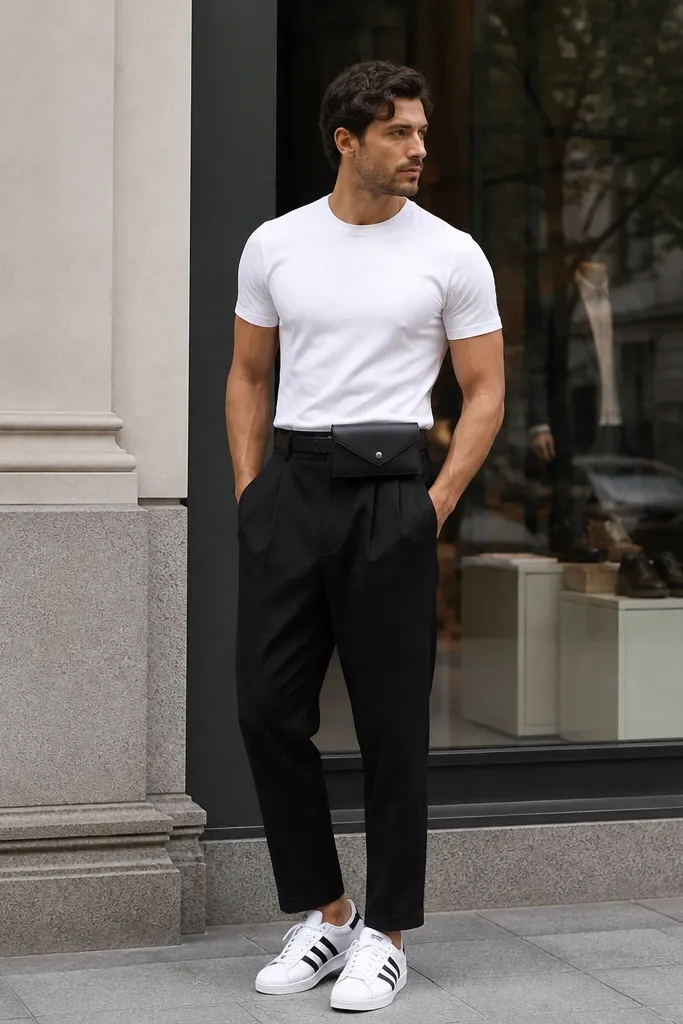 A man wearing a fitted white T-shirt tucked into black pleated ankle-length trousers. He has a small black belt bag across his waist and white adidas Superstar sneakers. He stands in front of a storefront.