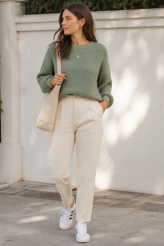 A woman wearing a sage green knit sweater, cream chinos, and white adidas Superstar sneakers. She carries a canvas tote in natural beige and wears simple gold jewelry. Bright daytime background.