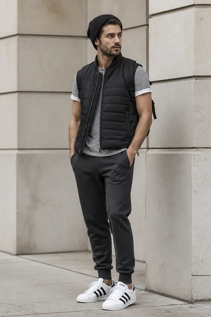 A man wearing a black bomber vest over a thin striped tee, dark gray joggers with tapered ankles, and white adidas Superstar sneakers. He has a knit beanie and a small backpack.
