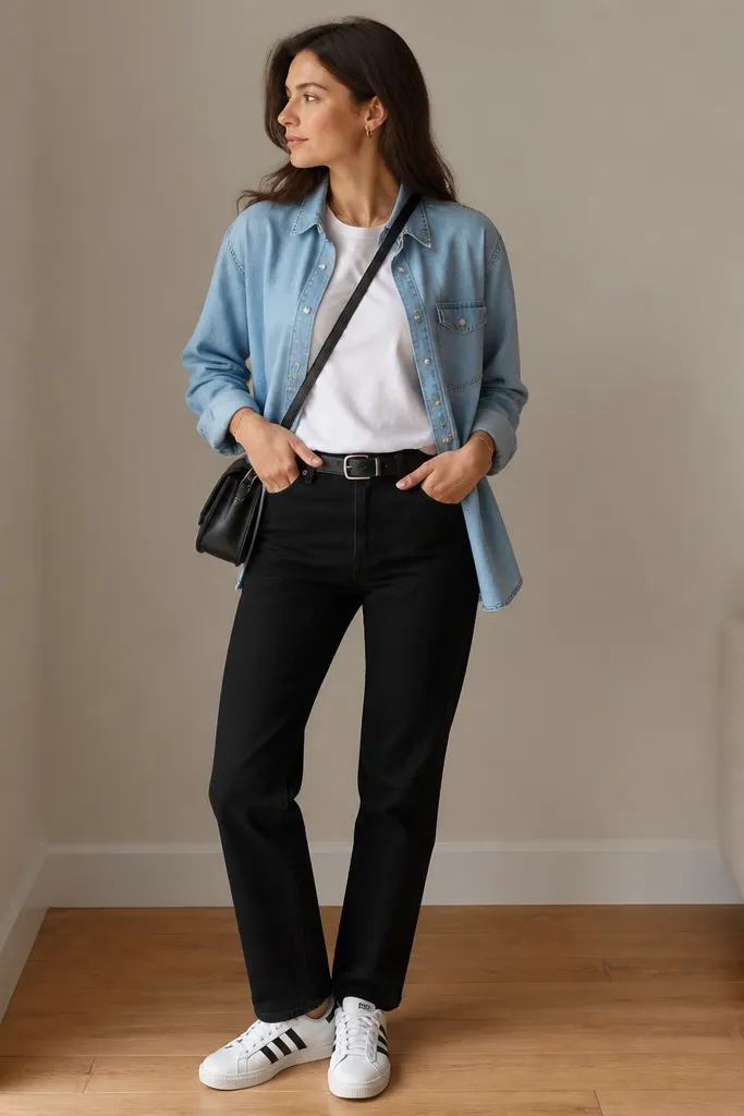 A woman layering a light blue denim shirt over a white tee, with black jeans and white adidas Superstar sneakers. She has a simple belt and a small crossbody bag.
