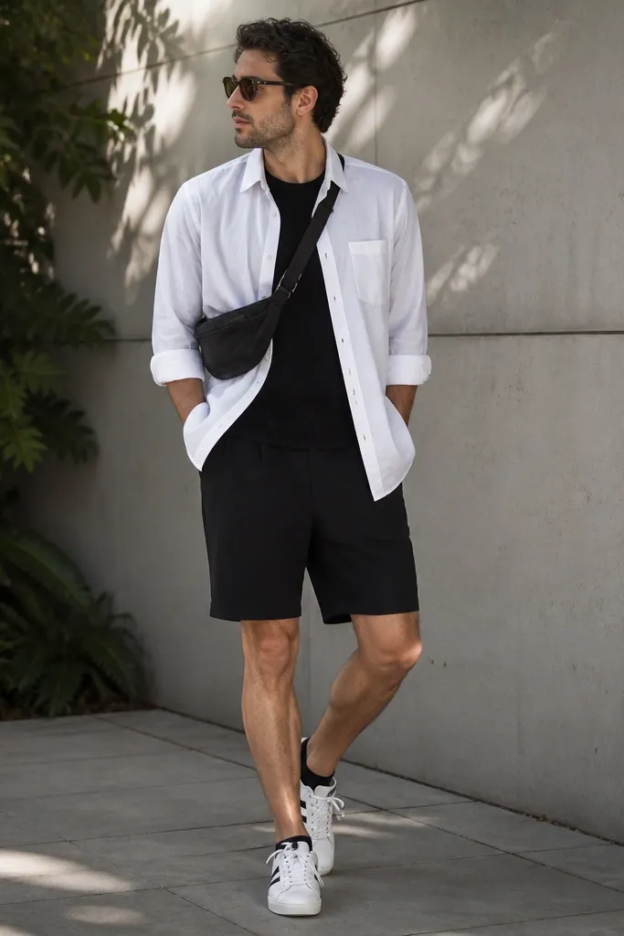 A man wearing a white linen button-up shirt worn open over a black tee, black tailored shorts, and white adidas Superstar sneakers with black low socks. He has sunglasses and a small black sling bag.