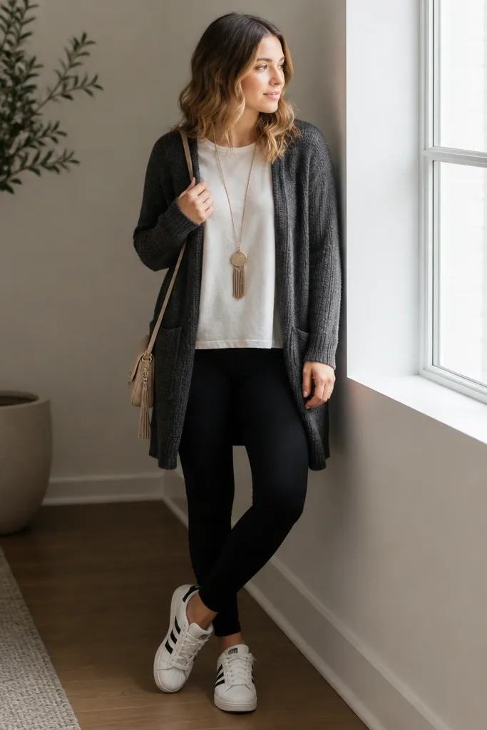 A woman wearing a charcoal cardigan over a cream tee, black leggings, and white adidas Superstar sneakers. She has a long pendant necklace and a crossbody bag. Indoor daylight near a window.