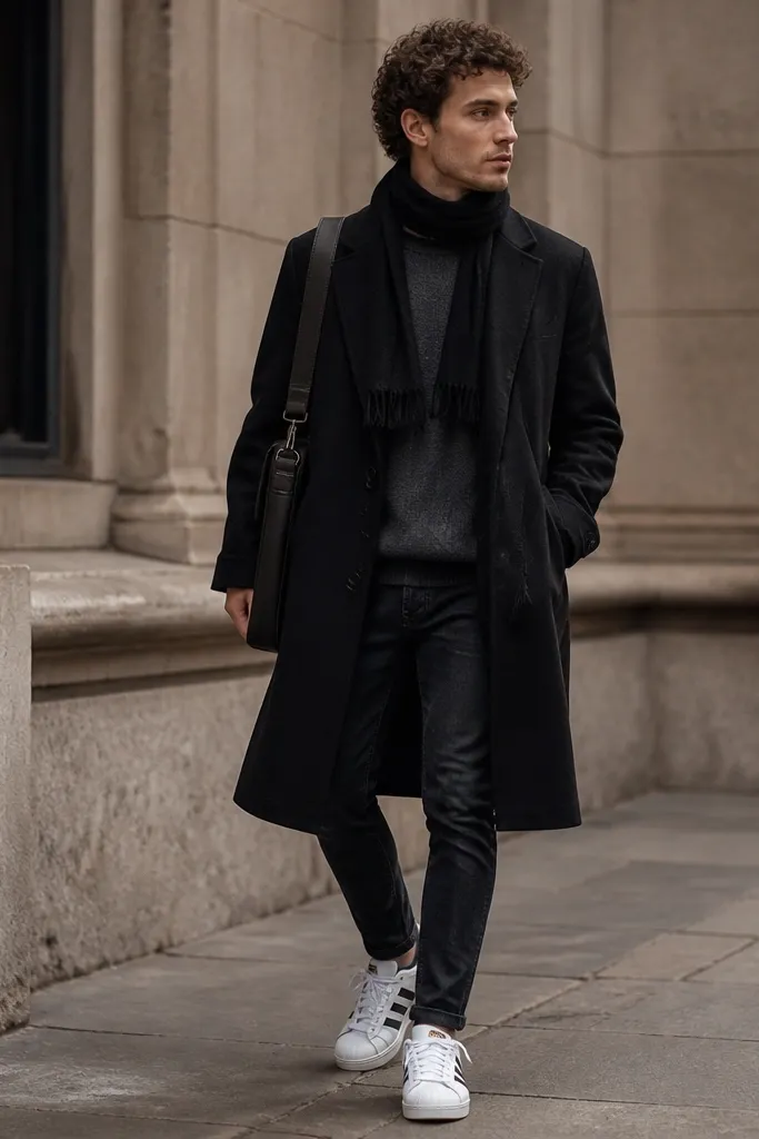 A man wearing a long black trench coat open over a knit crewneck, slim dark denim jeans, and white adidas Superstar sneakers. He has a black scarf and a structured messenger bag.