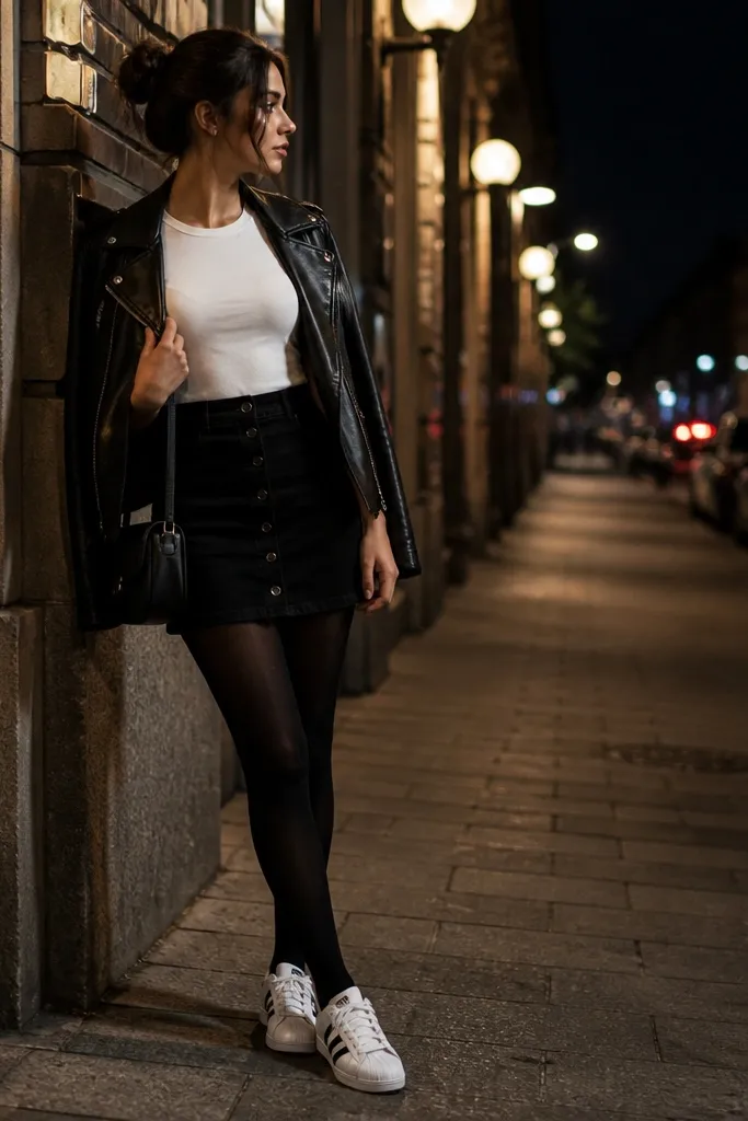 A woman wearing a white fitted tee, a black denim skirt with buttons, black tights, and white adidas Superstar sneakers. She has a black leather jacket and a small shoulder bag. Night street lighting.