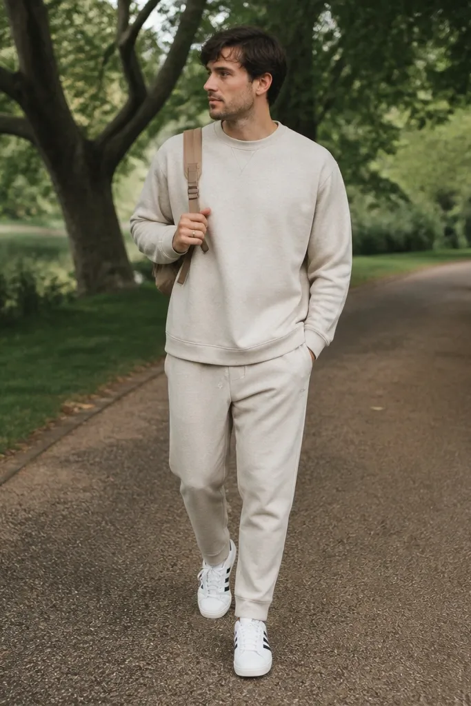 A man wearing an oatmeal crewneck sweatshirt and matching oatmeal pants, with white adidas Superstar sneakers. He has a minimal gold ring and a tan backpack strap. Outdoor park path background.