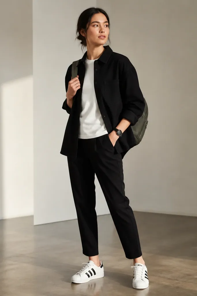 A woman wearing a white performance-style tee, a black overshirt with subtle stitching, tapered black pants, and white adidas Superstar sneakers. She has a sleek black watch and a compact backpack. Indoor studio lighting.