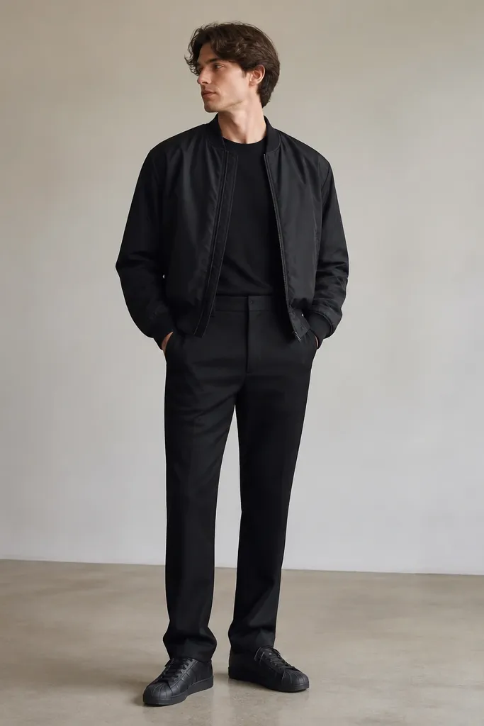 A full-body outfit photo showing a matte black crewneck T-shirt tucked into straight-leg black twill trousers with a clean belt loop line. A hip-length black bomber jacket sits above the waist seam. Black adidas Superstar sneakers are centered, with the trousers lightly breaking at the top of the shoe. The background is neutral, and the lighting makes the bomber's slightly smoother fabric stand out against the tee.