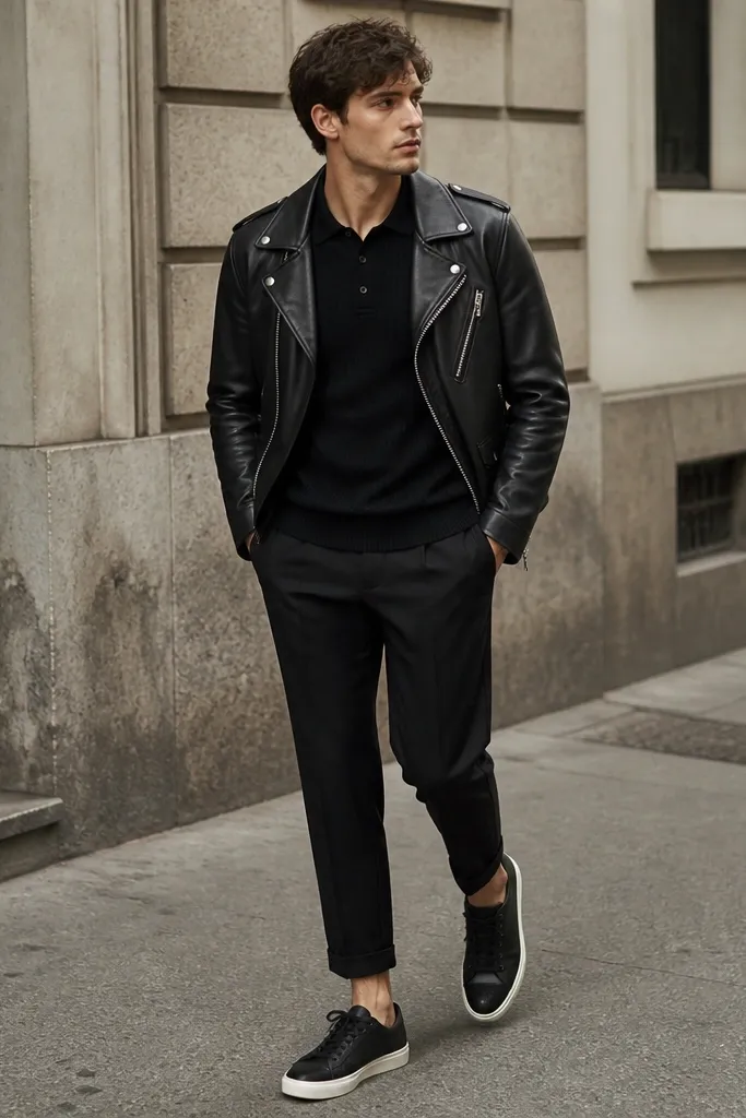 A street-style image of a black ribbed knit polo shirt with a short button placket and collar. It's paired with cropped black wool trousers that end above the sneaker collar, showing a sliver of ankle. A black leather biker jacket with diagonal zippers sits over the polo. Black Superstar sneakers are visible with clean white sole edges and minimal wear marks.